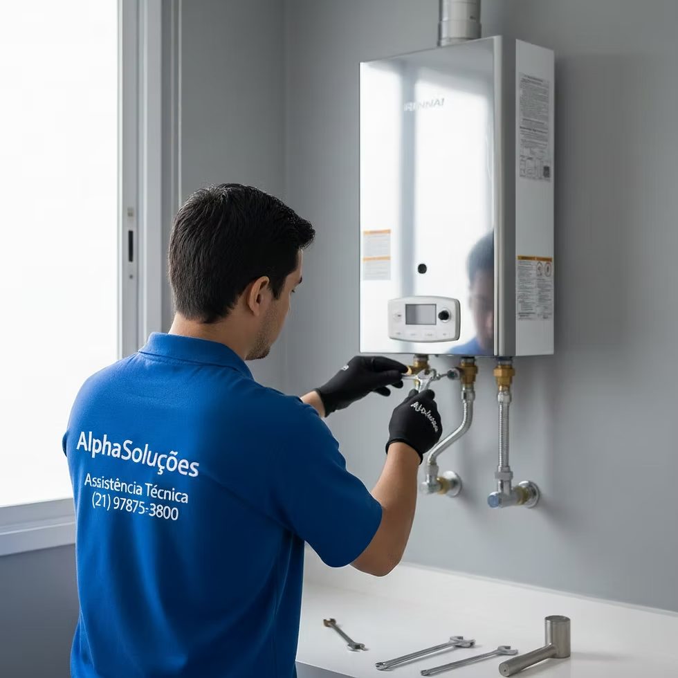 Técnico realizando manutenção em aquecedor